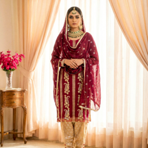 Burgundy and golden outfit